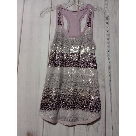 Express Tank Top Womens XS Pink Sequin Lace Racerback Dreamweight Cotton Shimmer - Picture 1 of 6